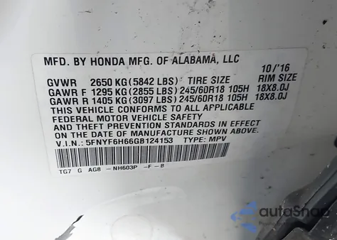 2016 Honda Pilot Ex-L z USA, uszkodzony, nr VIN 5FNYF6H66GB124153